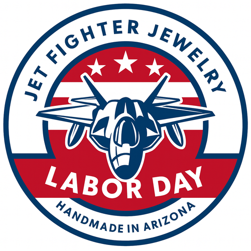 Logo for Jet Fighter Jewelry with a fighter jet design, Labor Day text, and 'Handmade in Arizona' on a red, white, and blue background.