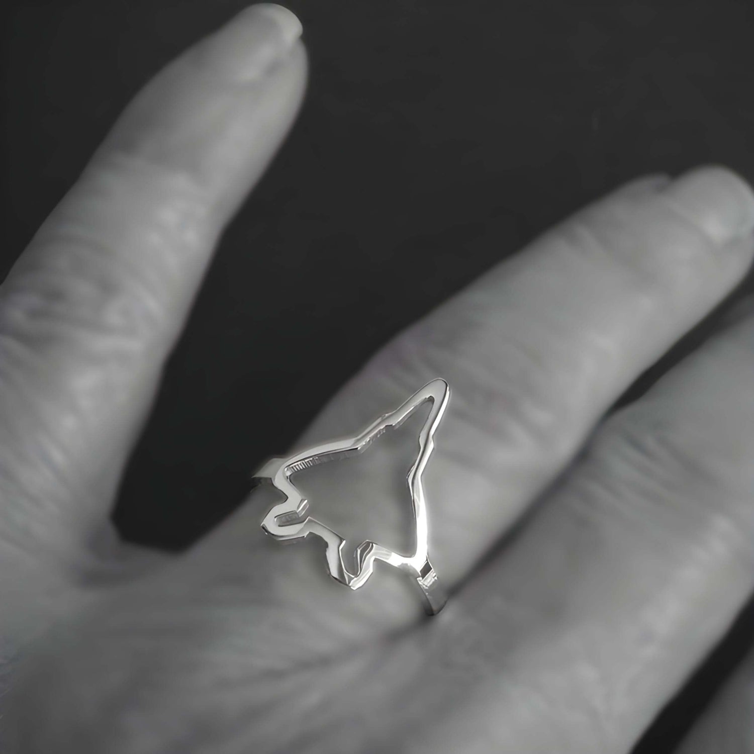 Silver F-22 Raptor Military Jet airplane-shaped ring on a hand against a dark background