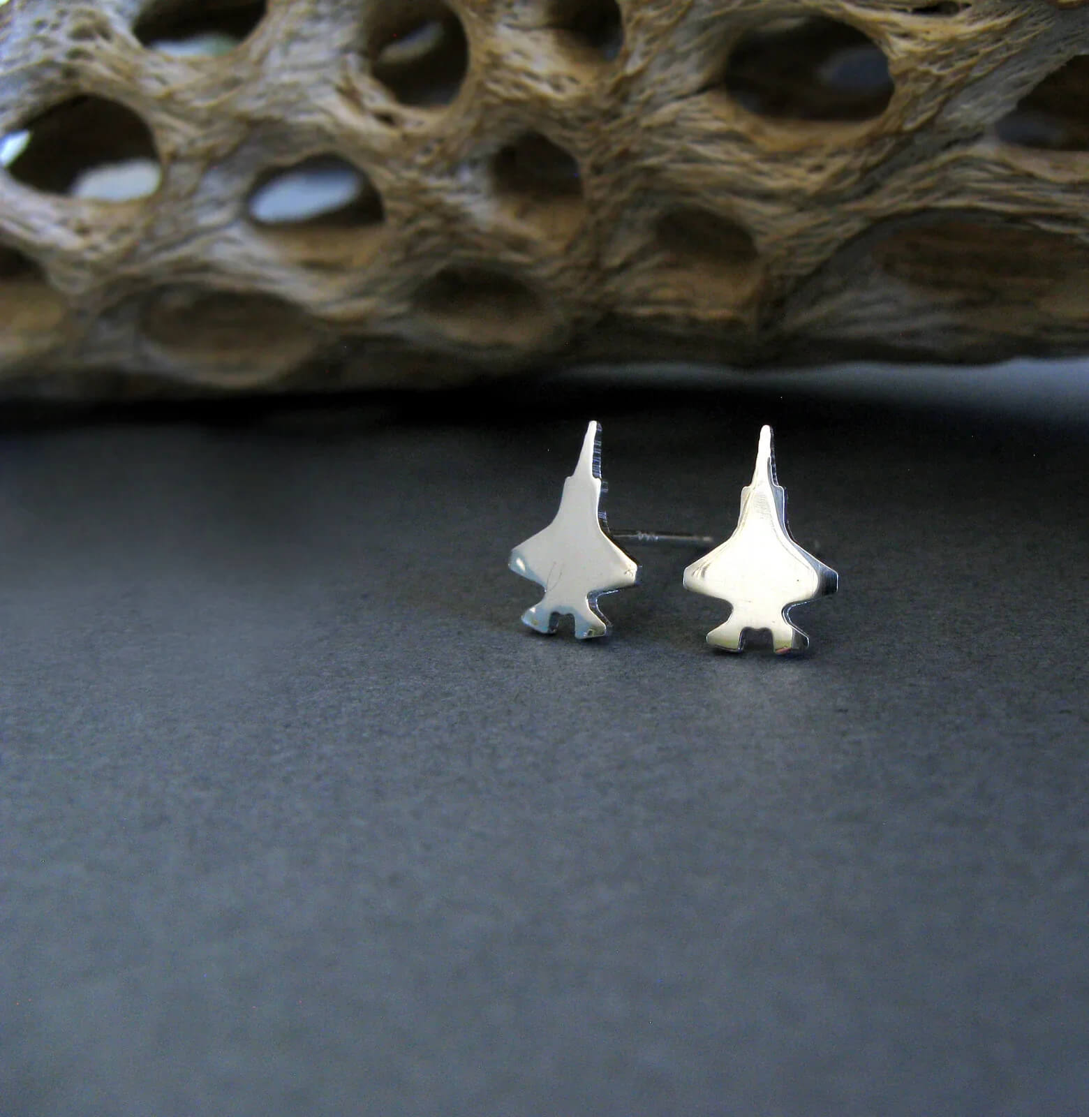 F-35 Fighter jet silhouette earrings in a high-polish sterling silver finish, perfect for pilots, veterans, and aviation enthusiasts