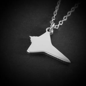 Close-up of sterling silver NASA Space Shuttle pendant necklace – handmade aviation and space jewelry