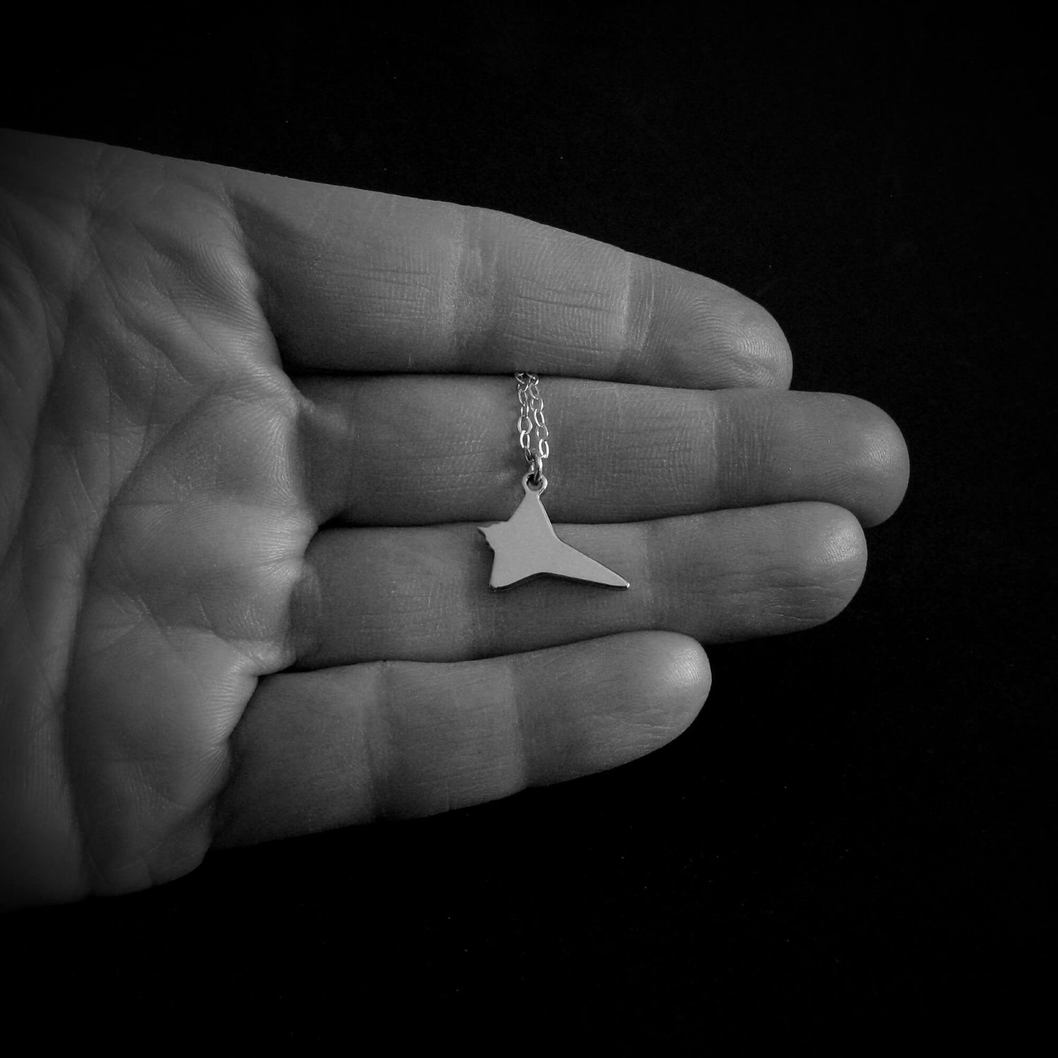 Sterling silver NASA Space Shuttle pendant necklace shown in hand – handmade aviation jewelry