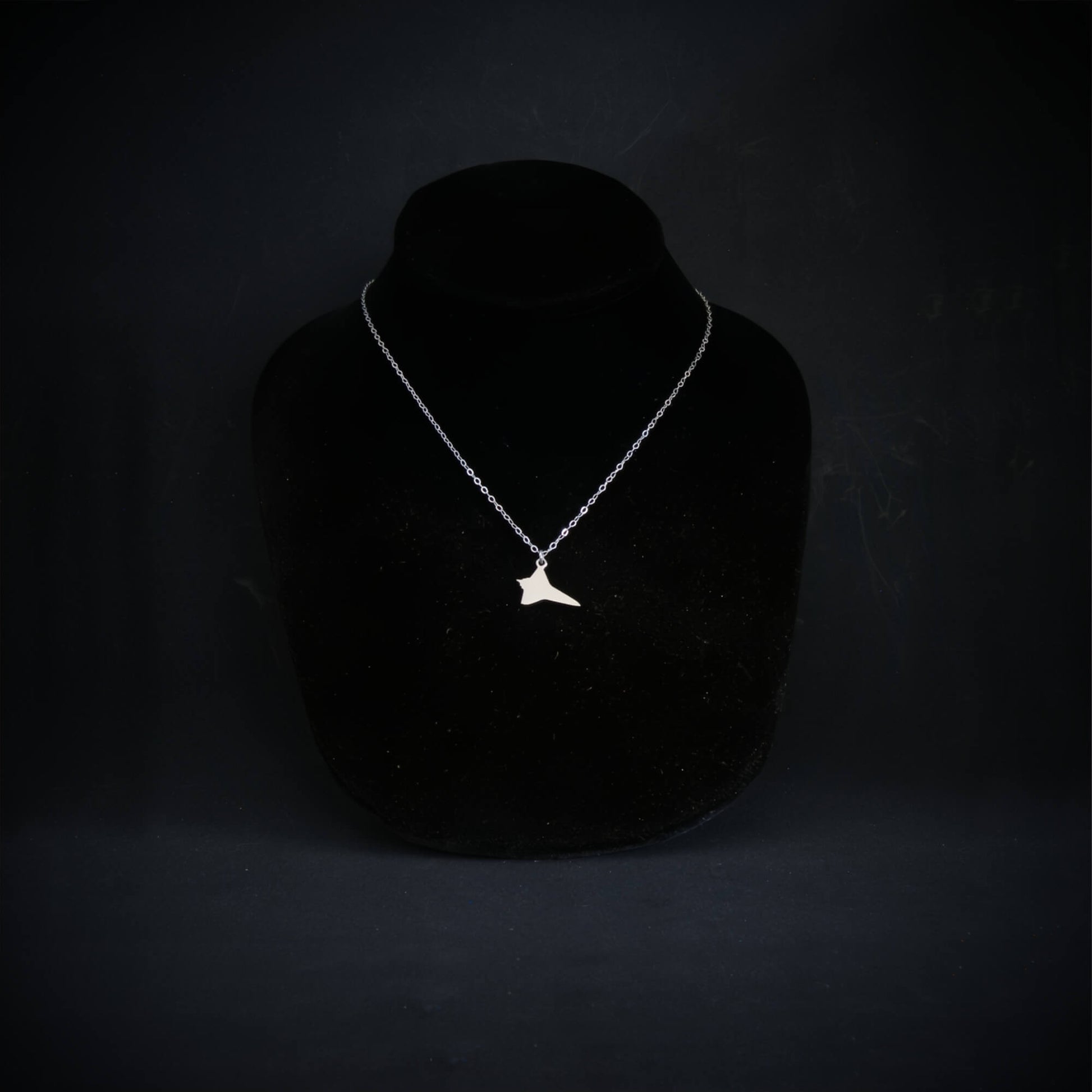 NASA Space Shuttle pendant necklace in sterling silver, handmade space aviation jewelry displayed on black bust