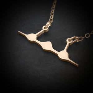 14k gold SR-71 Blackbird front silhouette necklace handmade by Jet Fighter Jewelry on dark background