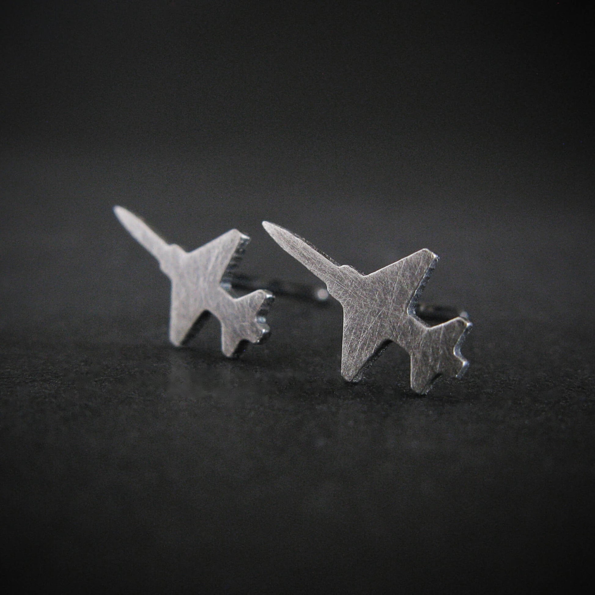 Antiqued sterling silver T-38 jet earrings – rustic military trainer silhouette studs