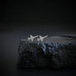 Brushed sterling silver T-38 Talon stud earrings—military jet-inspired aviation handcrafted  jewelry displayed on a rugged black stone with dramatic lighting