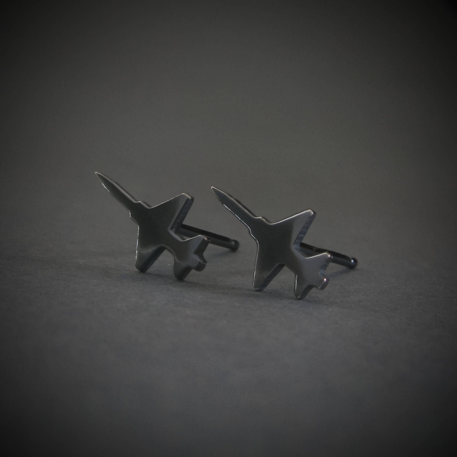 Oxidized sterling silver T-38 Talon jet earrings – dark finish aviation studs with sleek silhouette