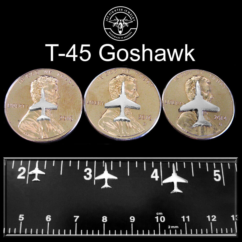 Silver silhouettes of an T-45 fighter jet shown on a ruler and pennies in 3 unique sizes for stud earrings