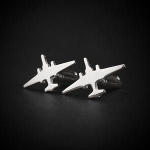Silver U-2 Dragon Lady Military airplane shaped cufflinks on a black background