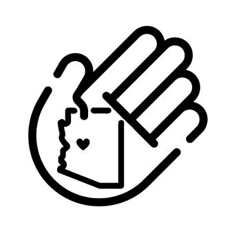 Black line drawing of a hand holding a heart symbol on a white background