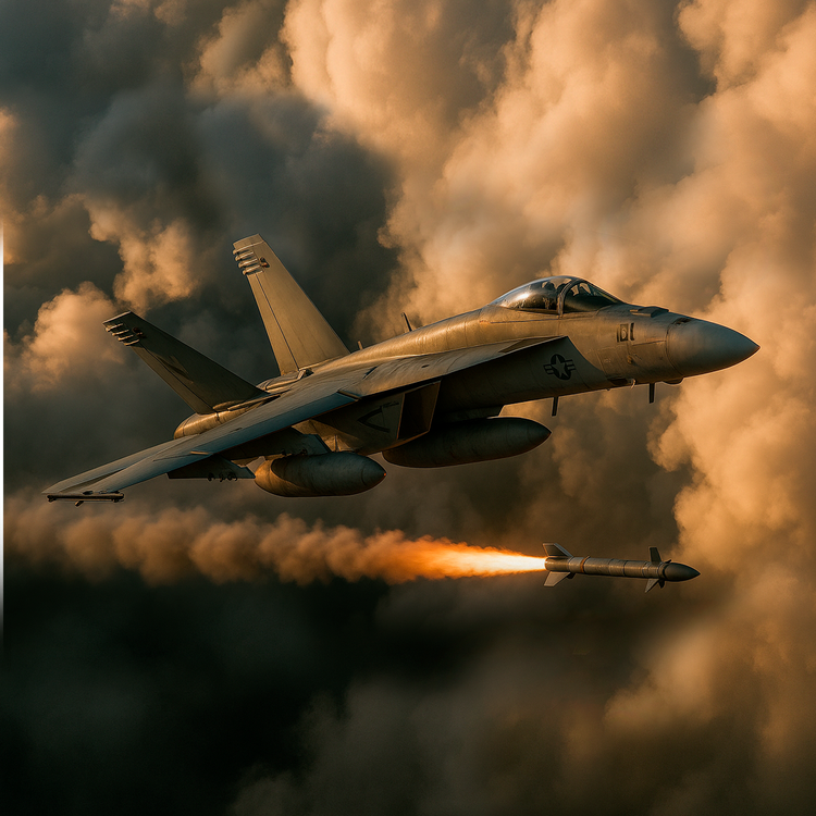Military jet releasing a missile against a dramatic sky with smoke and fire.