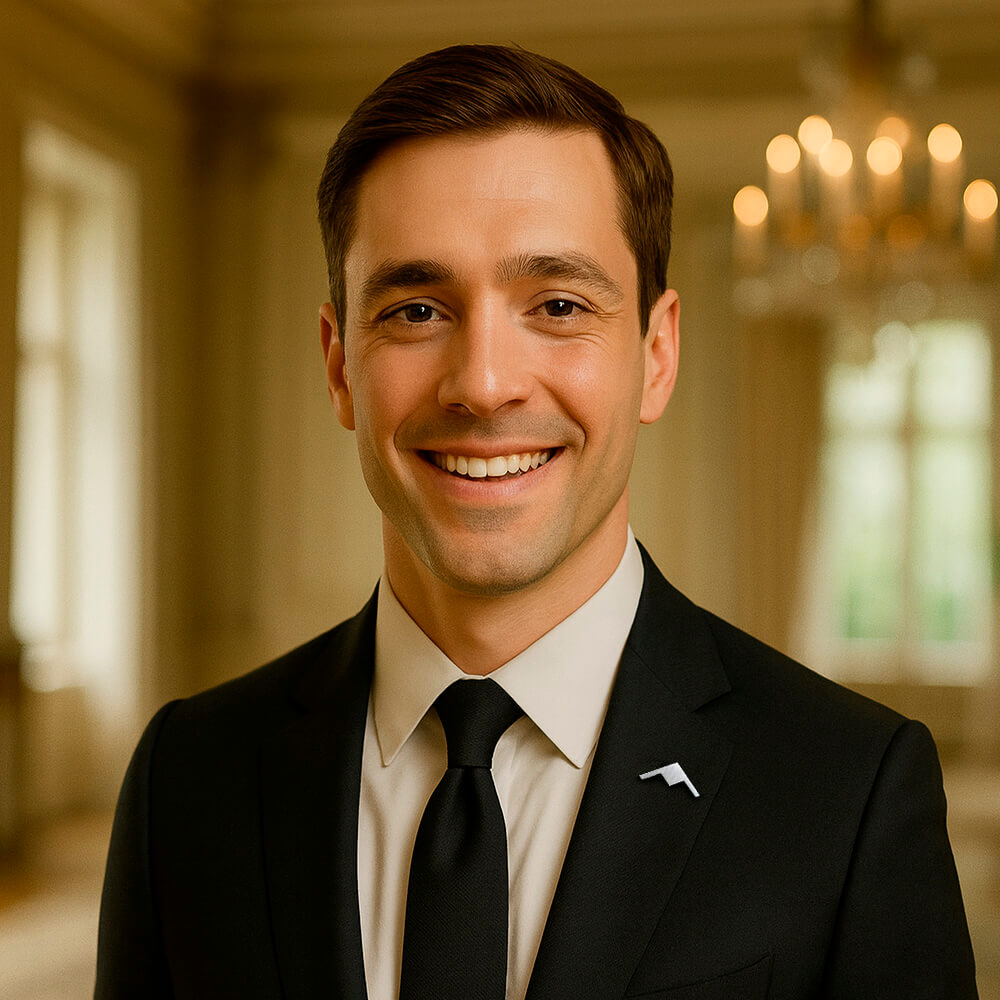 Man in a black suit with a white shirt and black tie wearing a B-21 lapel tie pin made by Jet Fighter Jewelry, smiling in an elegant room.