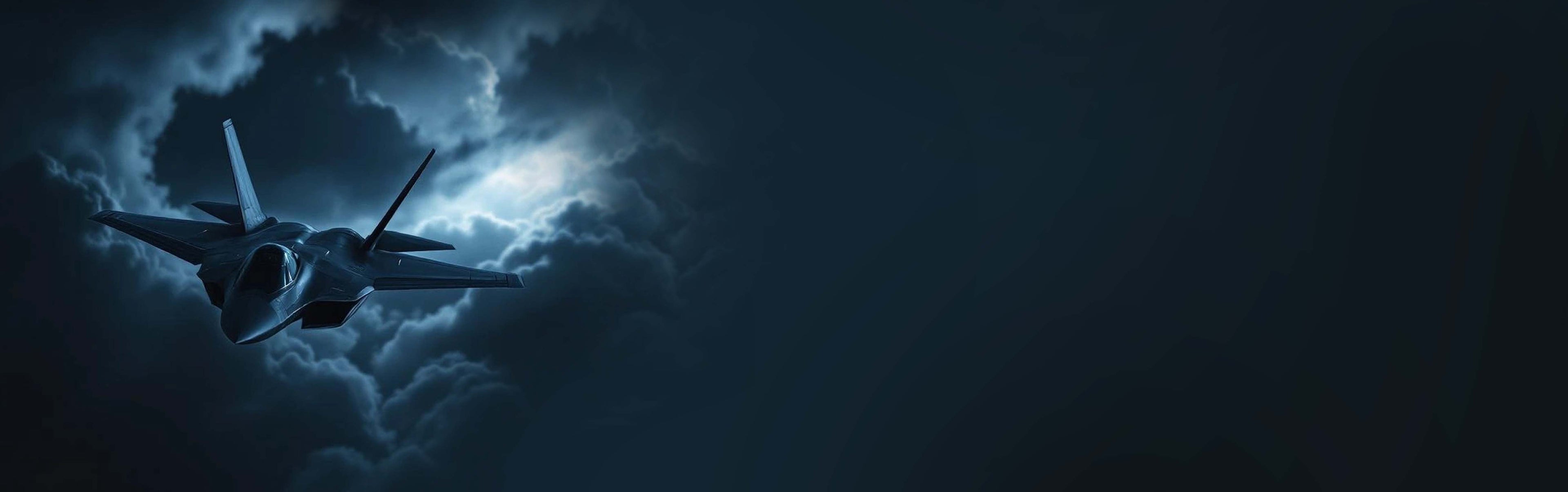 Animated fighter jet in flight with dark clouds