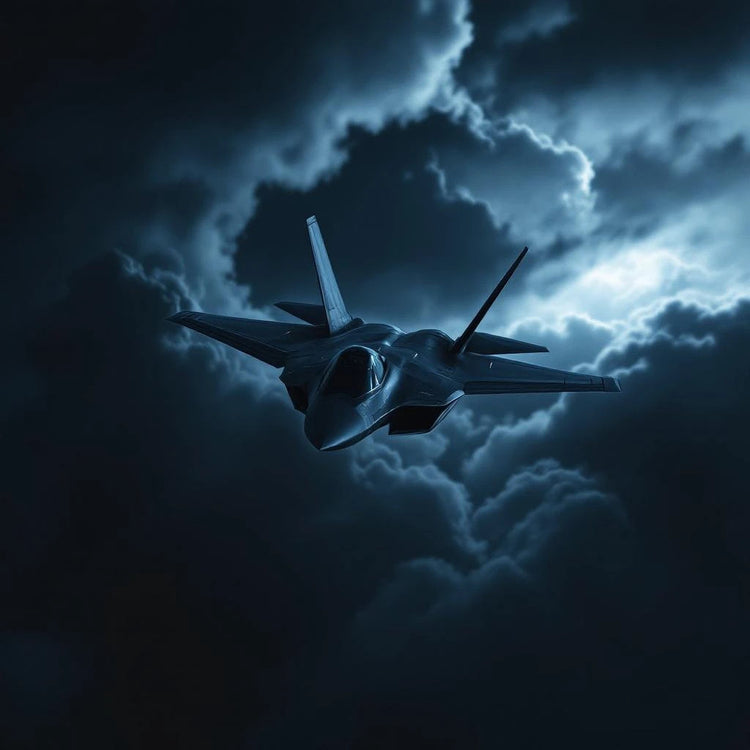 animated jet fighter in flight with dark clouds