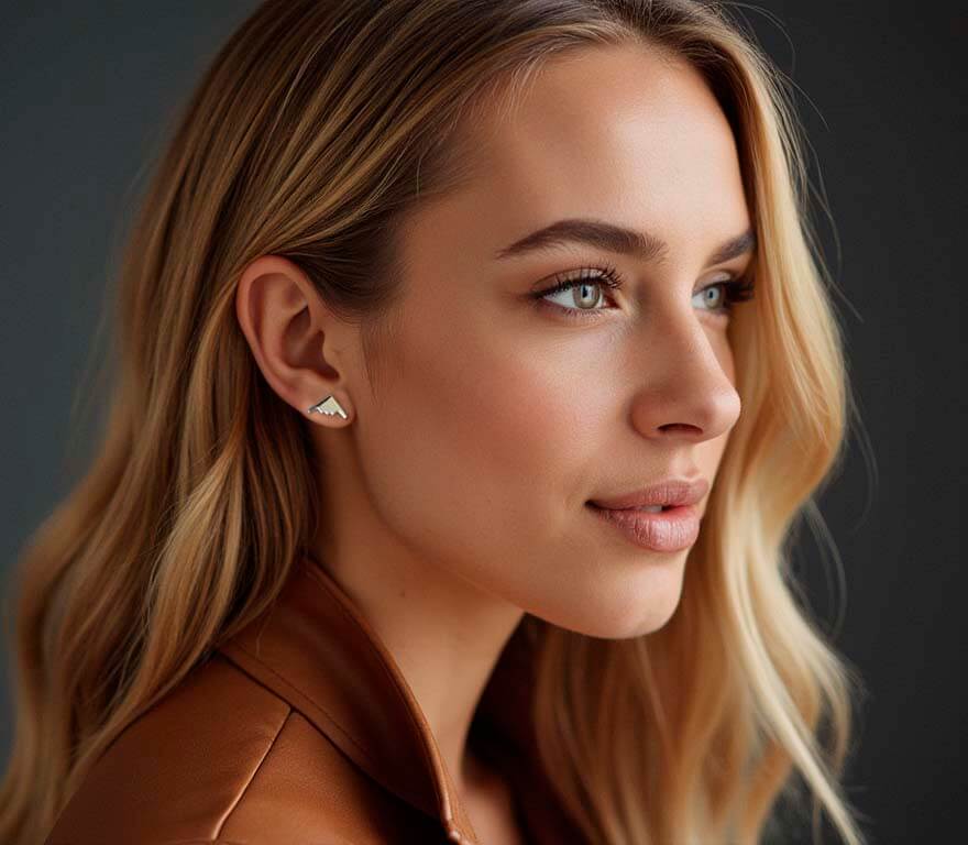 Close-up of a woman with blonde hair wearing a brown leather jacket and B-2 Bomber Jet Stud Earring against a dark background