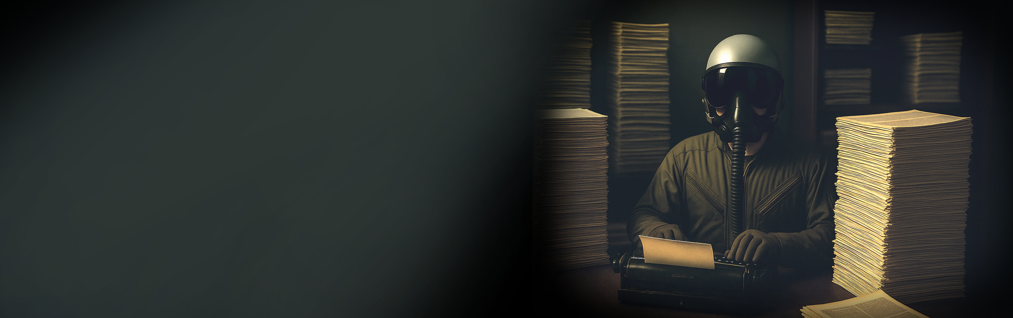Person wearing a gas mask sitting at a desk with stacks of papers in a dimly lit room