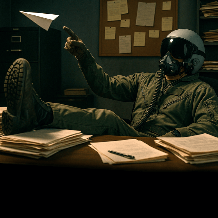 Person in military uniform and helmet sitting at a desk with papers, pointing at a paper airplane.