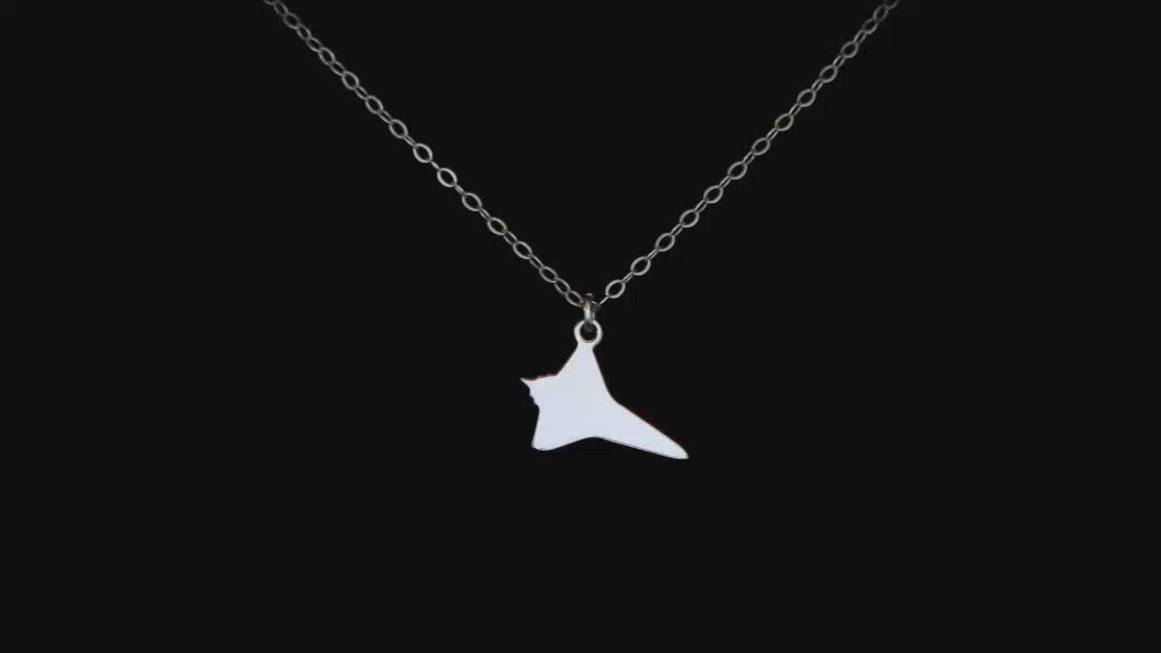 sterling silver space shuttle necklace video for jet fighter jewelry on a black bust and black background