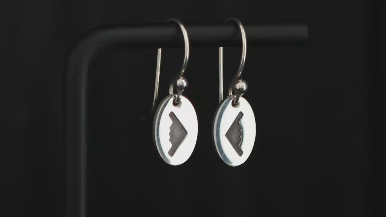 Load video: Pair of sterling silver earrings with an engraved oval charm featuring a B-2 Spirit Bomber Jet Fighter on a turntable with a dark background.