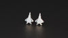 Pair of sterling silver F-22 fighter jet stud earrings shown on a turntable with a dark background