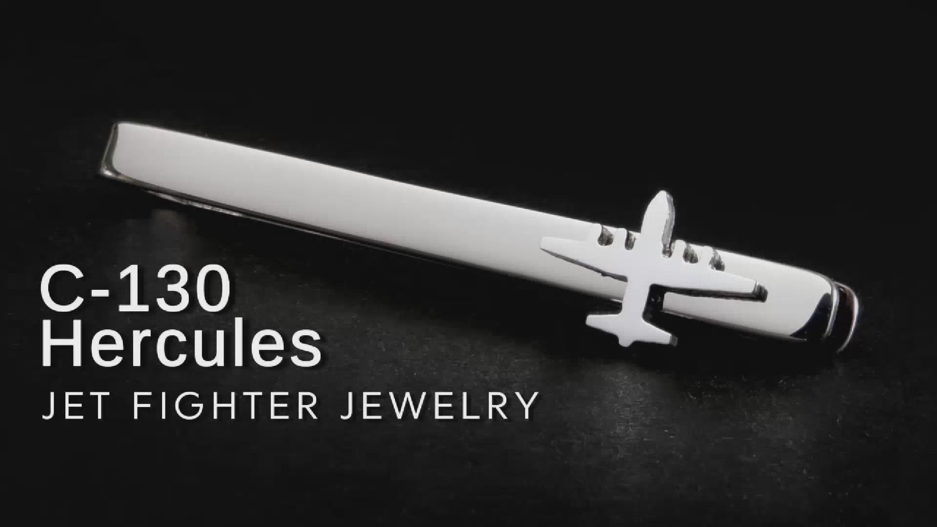 C-130 Hercules Military aircraft video of a motif tie bar made by jet fighter jewelry from sterling silver on a black background