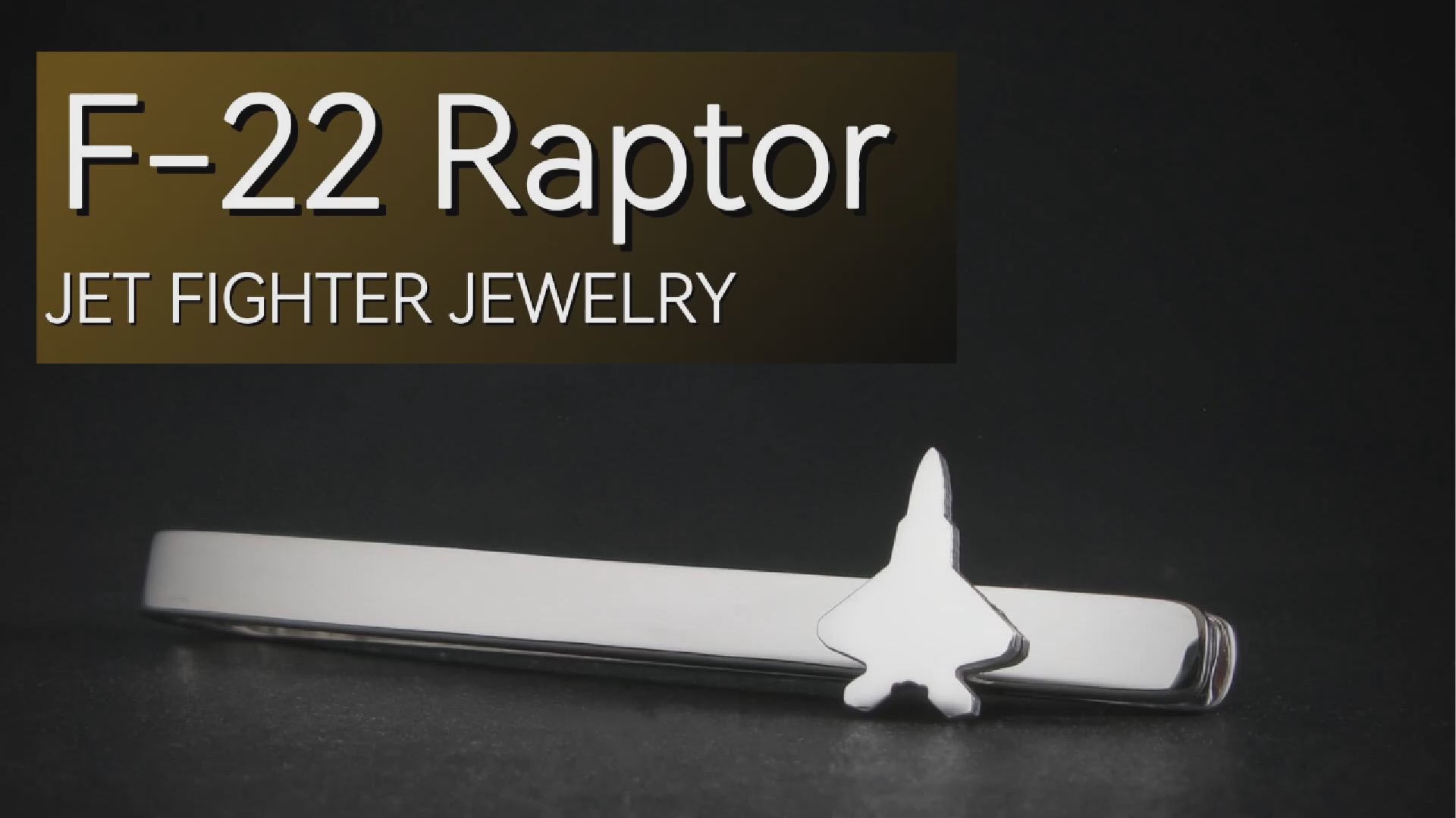 F-22 Raptor video of a sterling silver tie bar on a black background by jet fighter jewelry