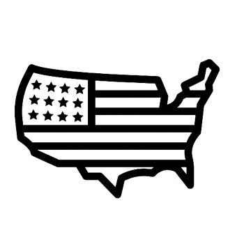 Black outline of the United States with an American flag pattern on a white background
